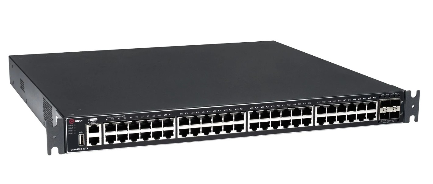 

Коммутатор управляемый QTECH QSW-4700-52TX стекируемый уровня L3, 48*10/100/1000 BASE-T, 4*10GbE SFP+, 4K VLAN, 32K MAC адресов, консольный порт, MGMT, QSW-4700-52TX
