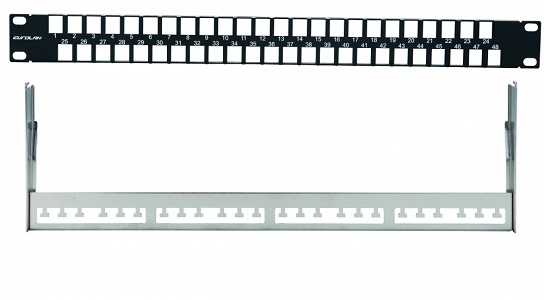 

Патч-панель Eurolan 27F-00-48BL наборная экранированная 19", 1U, 48 портов под прямые FTP Keystone, 27F-00-48BL