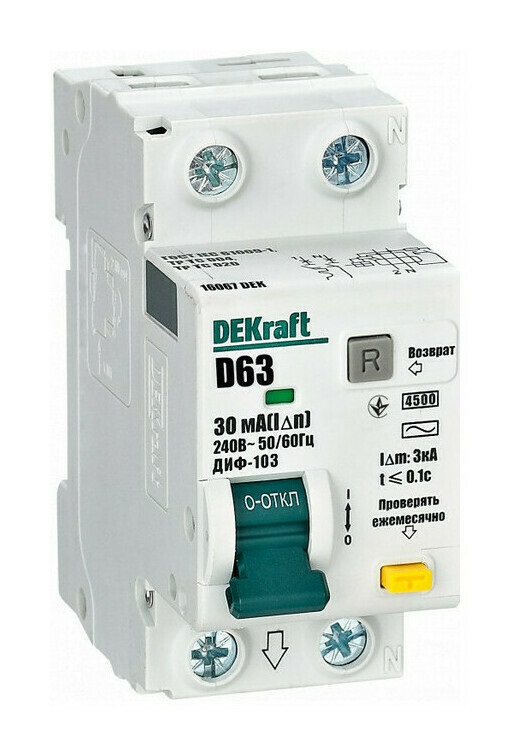 

Автомат дифференциальный DEKraft 16067DEK 1Р+N 63А 30мА тип AC х-ка D ДИФ-103 4.5кА нов., 16067DEK