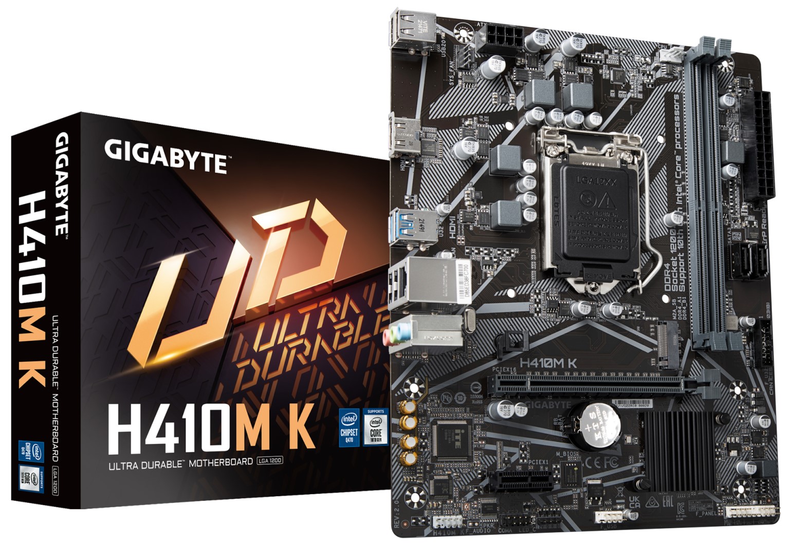 

Материнская плата mATX GIGABYTE H410M K 2.0 (LGA1200, Q470E, 2*DDR4 (2933), 2*SATA RAID, M.2, 2*PCIe, HDMI, 2*USB 3.2, 4*USB 2.0) RTL, H410M K 2.0