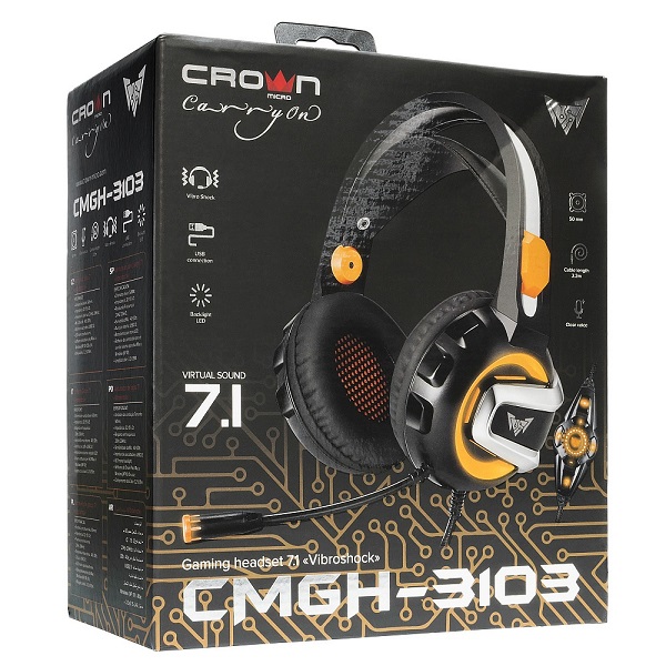 

Гарнитура проводная Crown CMGH-3103 CM000003084 black/orange, Virtual sound 7.1, USB, 20Гц-20000Гц, 3.2м, с подсветкой и вибрацией, рег. громкости, ми, CMGH-3103