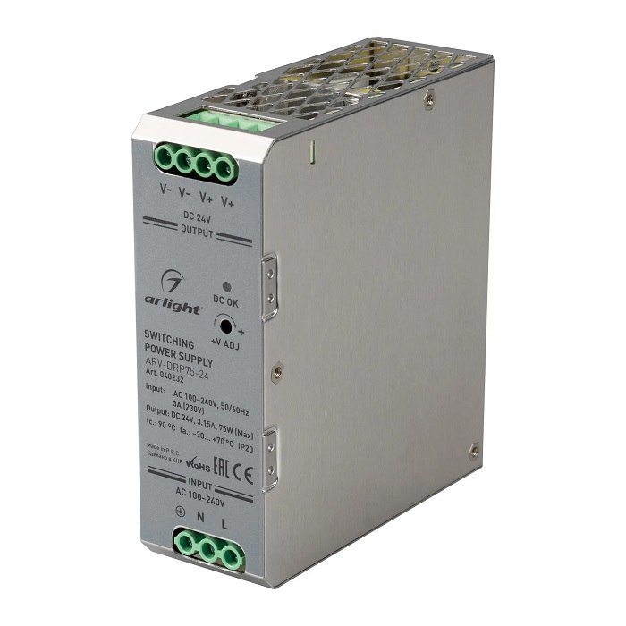 

Блок питания Arlight ARV-DRP75-24 040232 (24V, 3.15A, 75W) IP20 металл, ARV-DRP75-24