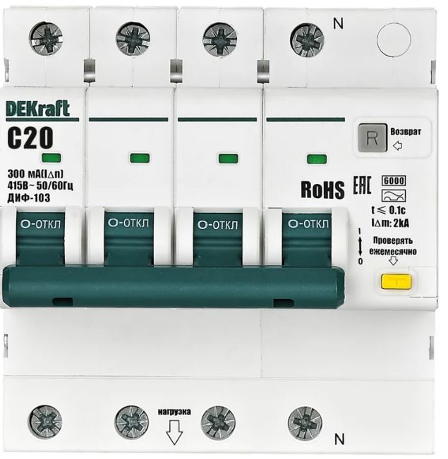 

Автомат дифференциальный DEKraft 16420DEK 3P+N 20А 300мА AC х-ка C ДИФ-103 6кА, 16420DEK