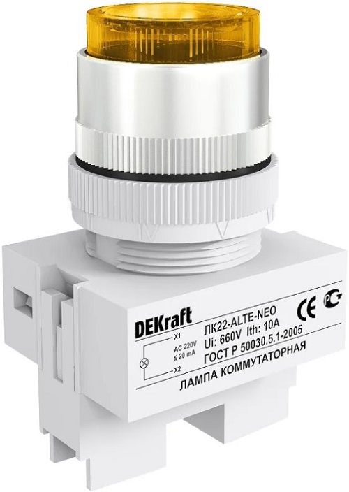 

Лампа коммутационная DEKraft 25009DEK ALTE D22 ЖЕЛТЫЙ неон 220В ЛK-22, 25009DEK