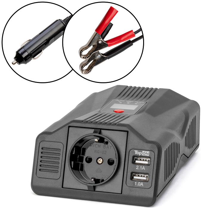

Инвертор автомобильный TopOn TOP-PI201 200W, 1 розетка, 2 USB, LCD экран, пиковая мощность 400W, черный, TOP-PI201