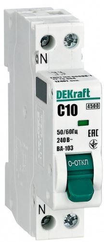 

Автоматический выключатель DEKraft 12401DEK 1+N 10А х-ка C ВА-103 4,5кА, 12401DEK