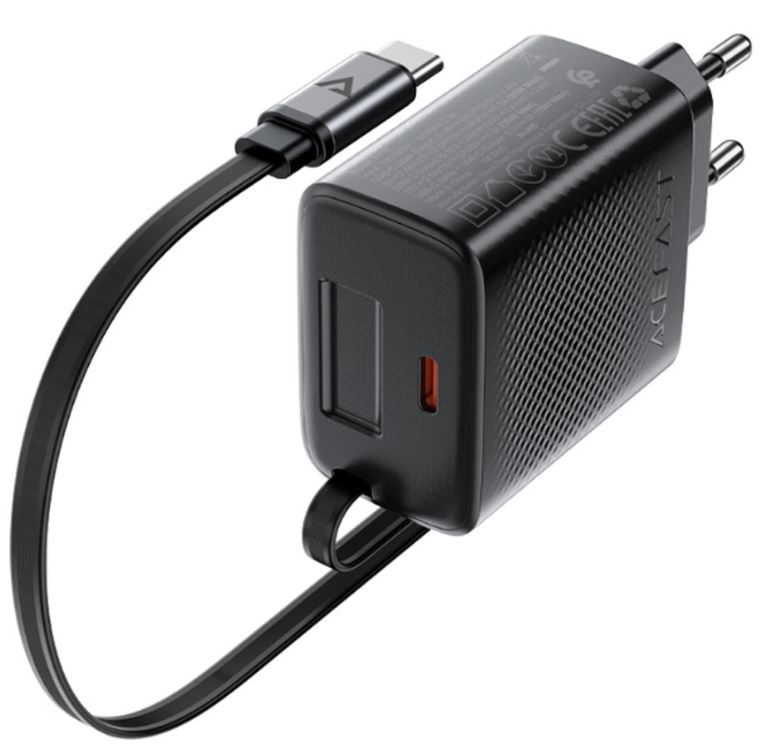 

Зарядное устройство сетевое ACEFAST A110 PD 30W Gan Charger USB-C+USB-C With Retractable Cable с кабелем. Цвет: черный, A110