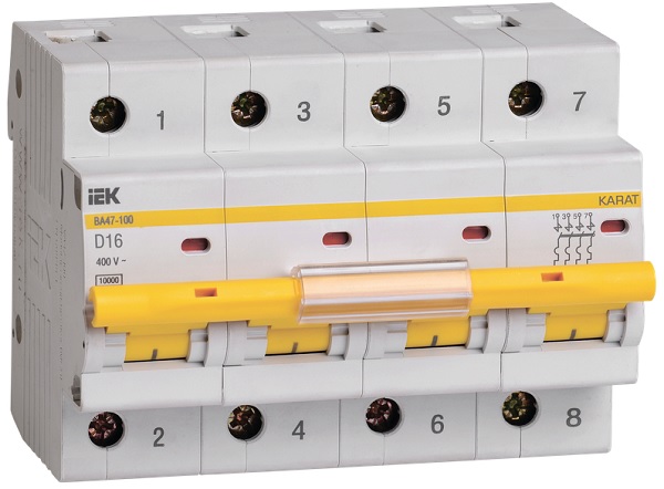 

Автоматический выключатель IEK MVA40-4-016-D KARAT ВА47-100 4P D 16А 10кА, MVA40-4-016-D