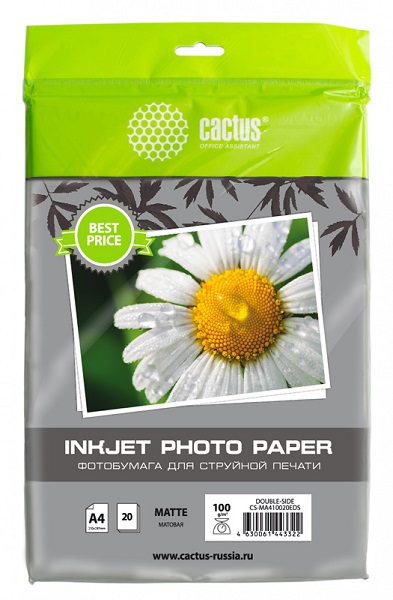 

Фотобумага Cactus CS-MA410020EDS A4/100г/м2/20л./белый матовое/матовое для струйной печати, CS-MA410020EDS