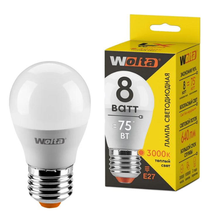 

Лампа светодиодная WOLTA 30Y45GL8E27 LX 8Вт 3000K Е27, 30Y45GL8E27