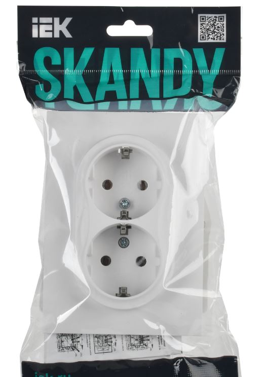 

Розетка двухместная с заземлением в сборе IEK SK-R24-16-K01-F SKANDY с защитными шторками 16А SK-R07W арктический белый, SK-R24-16-K01-F