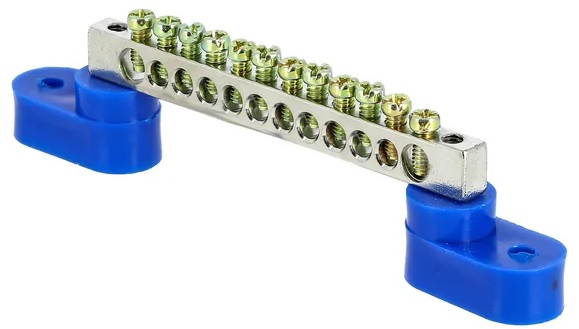 

Шина EKF sn1-63-12-2 "0" N (6x9мм) 12 отв. цинк 2 синих угловых изолятора, sn1-63-12-2