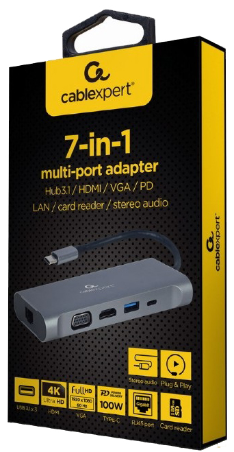 

Концентратор Cablexpert A-CM-COMBO7-01 USB-CM 7-в-1 (Hub3.0 + HDMI + VGA + PD + кардридер + стерео-звук), A-CM-COMBO7-01