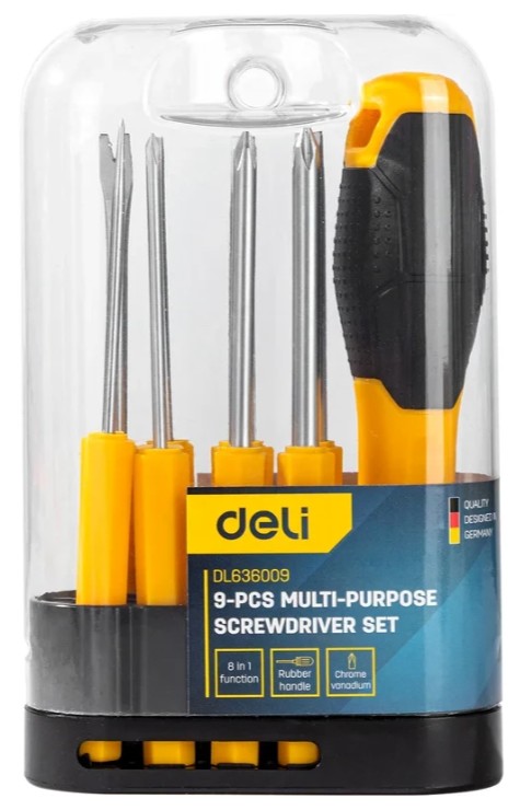 

Отвертка Deli DL636009 многофункциональная 8-в-1 биты PH0, PH1, PH2, SL3, SL5, SL6, Y-образная, точечная, сталь Cr-V, DL636009
