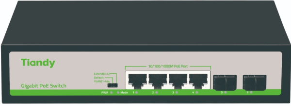 Изображение товара Коммутатор TIANDY TC-P3S06 H/0402/AT/60 1G PoE VLAN IP20 настольный