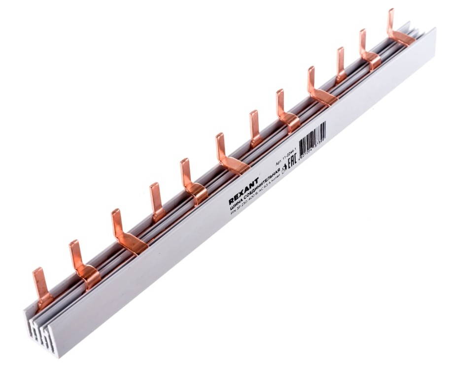 

Шина Rexant 11-2244-1 соединительная типа PIN 12 штырей 3Р 63 А 22 см, 11-2244-1