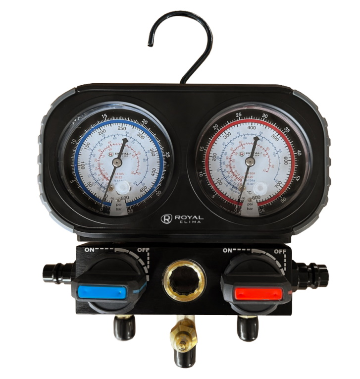 

Коллектор Royal Clima RT-MG20BL-R410 манометрический (2-вент, 3 штуц., R22/R32/R134/R410, М1/4", без шлангов), RT-MG20BL-R410