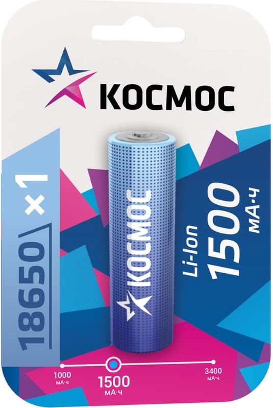 

Аккумулятор Космос KOC18650Li-ion15UBL1 Li-ion, 18650, 1500 мАч, 1 шт, KOC18650Li-ion15UBL1