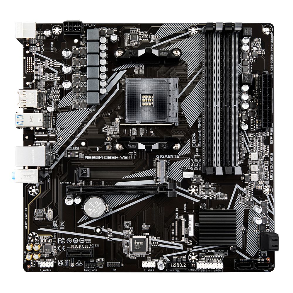 

Материнская плата mATX GIGABYTE A520M DS3H V2 (AM4, AMD A520, 4*DDR4 (4733), 4*SATA 6G RAID, M.2, 2*PCIE, Glan, HDMI, DP, 4*USB 3.2, 2*USB 2.0), A520M DS3H V2