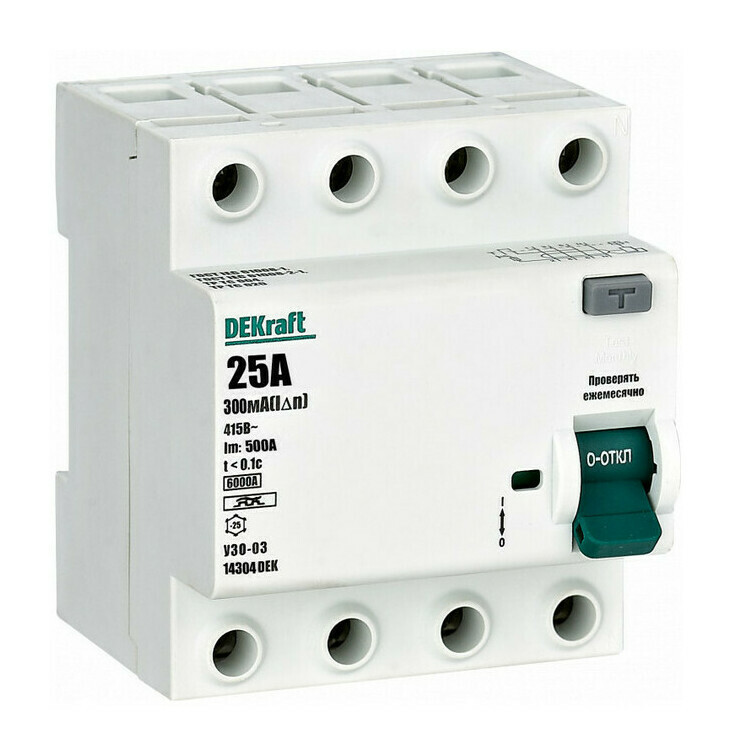 

УЗО DEKraft 14304DEK ВДТ 4P 25А 300мА тип A 6кА, 14304DEK