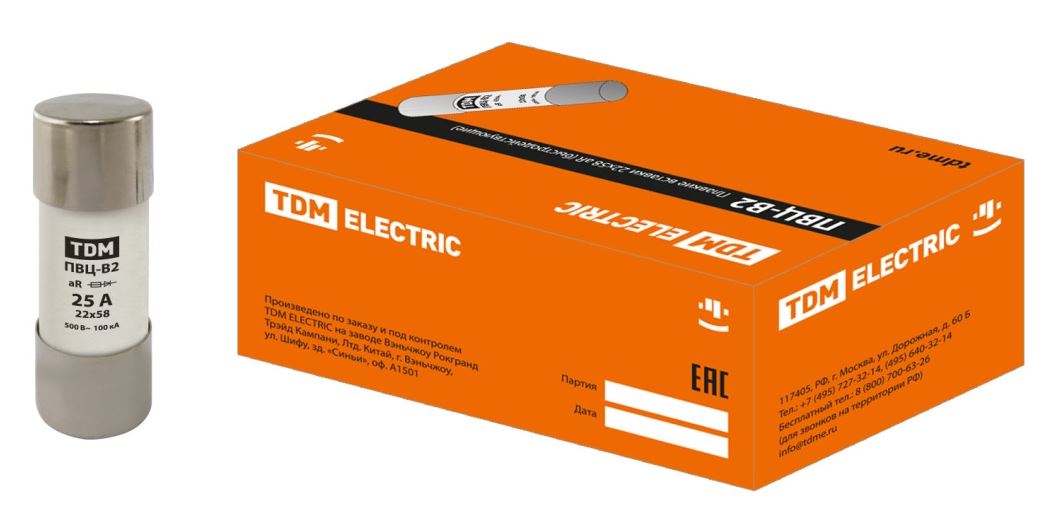 

Предохранитель TDM SQ0729-0056 ПВЦ-B2 22х58 aR (быстродействующий) 25А, SQ0729-0056