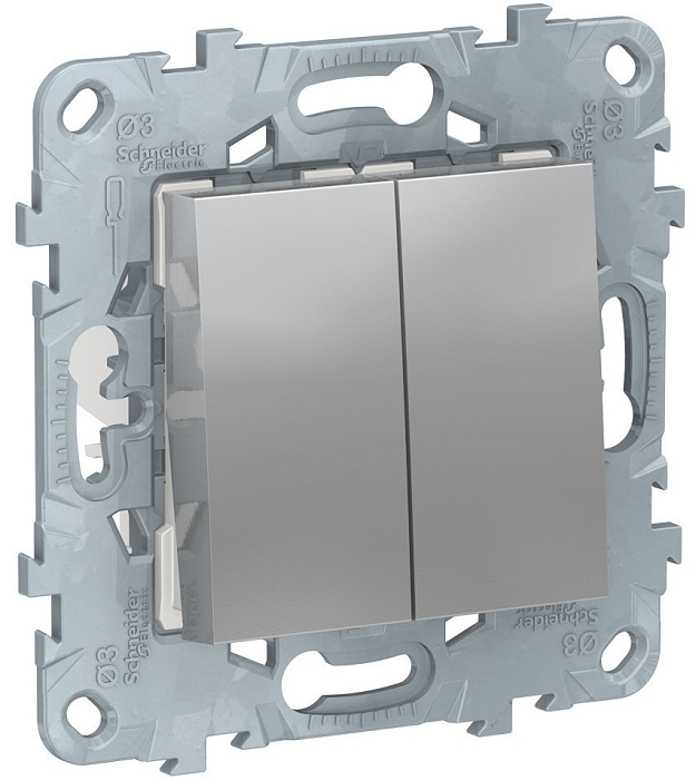 

Переключатель Schneider Electric NU521530 2-клавишный, перекрестный, 2 x сх. 7, 10 AX, 250В алюминий, NU521530