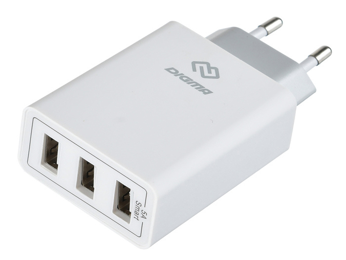 

Зарядное устройство сетевое Digma DGWC-3U-5A-WG 5A, белое, DGWC-3U-5A-WG