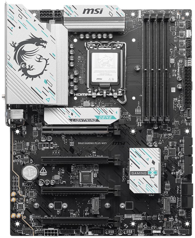 

Материнская плата ATX MSI B860 GAMING PLUS WIFI (LGA1851, B860, 4*DDR5 (8800), 4*PCIe, 3*M.2, 4*SATA, WiFi, BT, USB Type-C, 8*USB 3.2, 8*USB 2.0, DP,, B860 GAMING PLUS WIFI