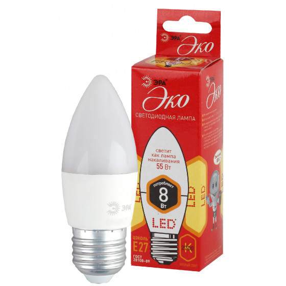 

Лампа светодиодная ЭРА Б0030020 ECO LED B35-8W-827-E27 (диод, свеча, 8Вт, тепл, E27), Б0030020