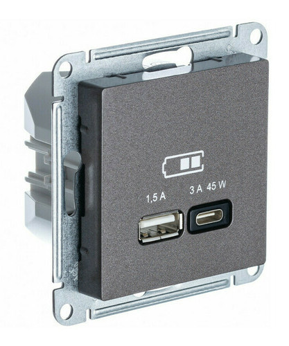 

Розетка USB Systeme Electric ATN000629 AtlasDesign A + тип-C 45Вт высокоскор.заряд. QC, PD, механизм, Мокко, ATN000629