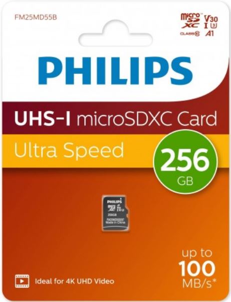 

Карта памяти MicroSDXC 256GB Philips FM25MD55B/97 High Speed Class UHS-I U3, V30, A1, 100MB/s, FM25MD55B/97
