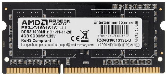 

Модуль памяти SODIMM DDR3 4GB AMD R534G1601S1SL-U 1600MHz, PC3-12800, CL11, 1.35V, Non-ECC, Retail, R534G1601S1SL-U