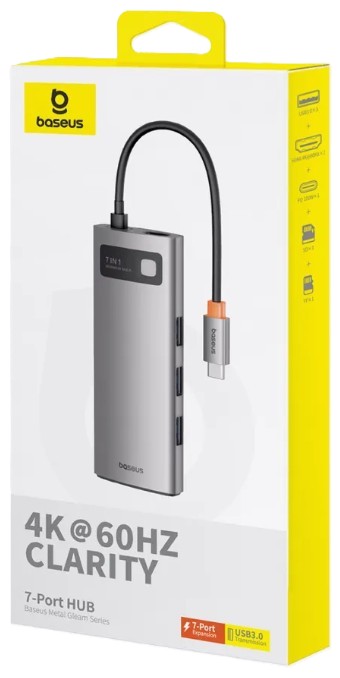 

Док-станция Baseus Metal Gleam Series B00030708811-00 7-Port; вход: Type-C; порты: HDMI4K/60Hz*1 + USB3.0*3 + PD*1 + SD/TF*1; Space Grey, Metal Gleam Series