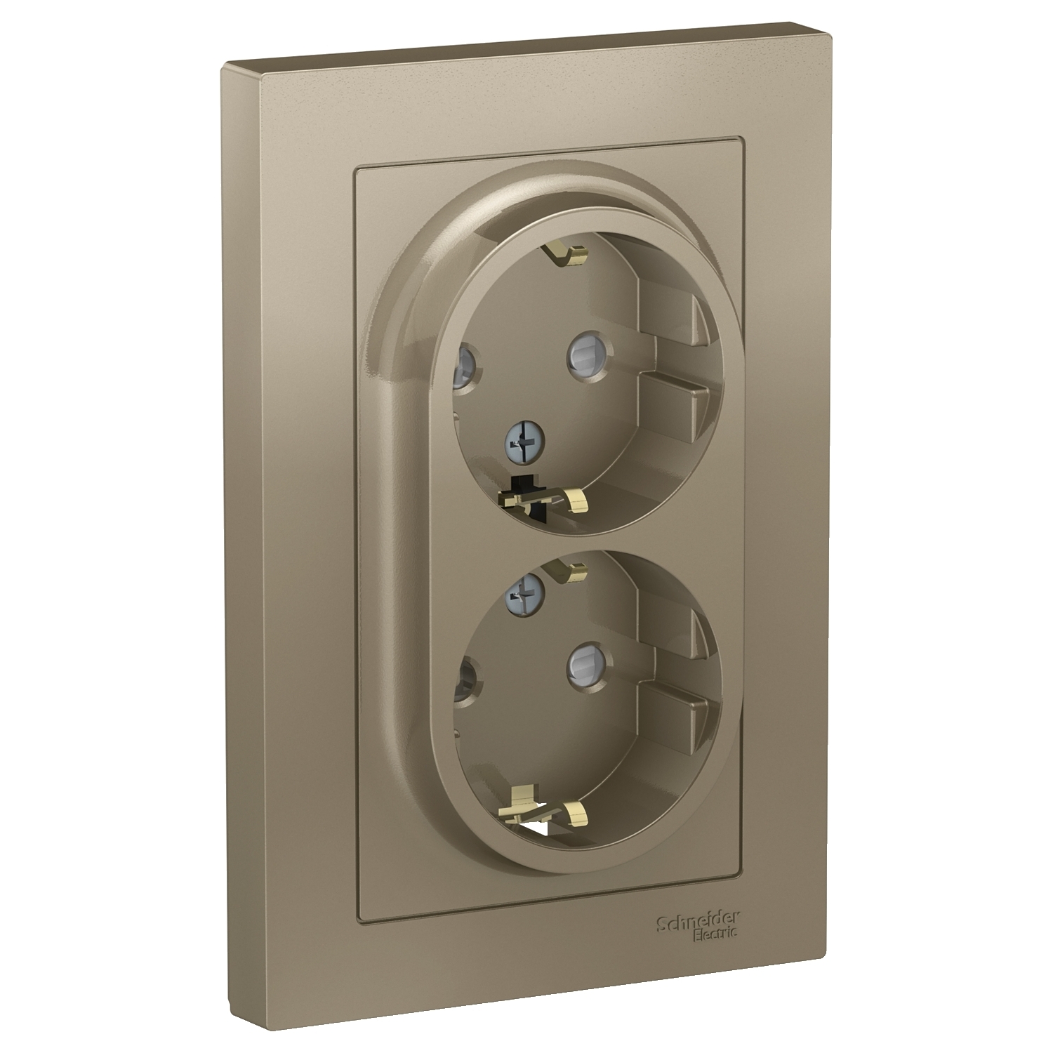 

Розетка Schneider Electric ATN000526 AtlasDesign, двойная, с заземлением, со шторками, 16А, в сборе, шампань, ATN000526