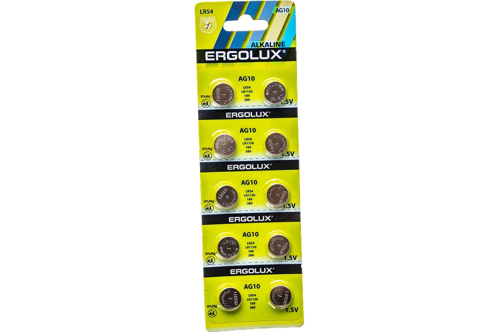 

Батарейка Ergolux AG10-BP10 LR1130/AG10, 1,5 В, 80 мА.ч, 10 шт в упаковке, AG10-BP10