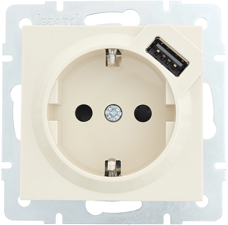 

Розетка Lezard 742-0388-181 Vesna 1-м СП с заземл. с заряд. устройством USB механизм крем., 742-0388-181