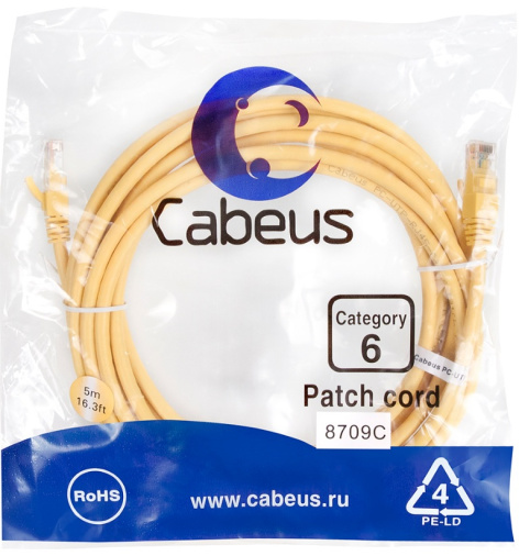 фото Кабель патч-корд U/UTP 6 кат. 5м Cabeus PC-UTP-RJ45-Cat.6-5m-YL в Омске