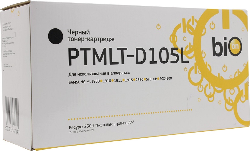 

Картридж BION PTMLT-D105L для Samsung ML-1910/1915/2525/2580;SCX-4600/4623/SF-650, 2500 стр., PTMLT-D105L