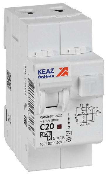 Изображение товара Автомат КЭАЗ 328099 дифференциальный выключатель на 20 А, 30 мА серия OptiDin