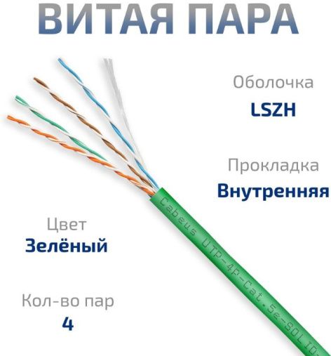 фото Кабель витая пара U/UTP 5e кат. 4 пары Cabeus UTP-4P-Cat.5e-SOLID-LSZH-GN в Воронеже
