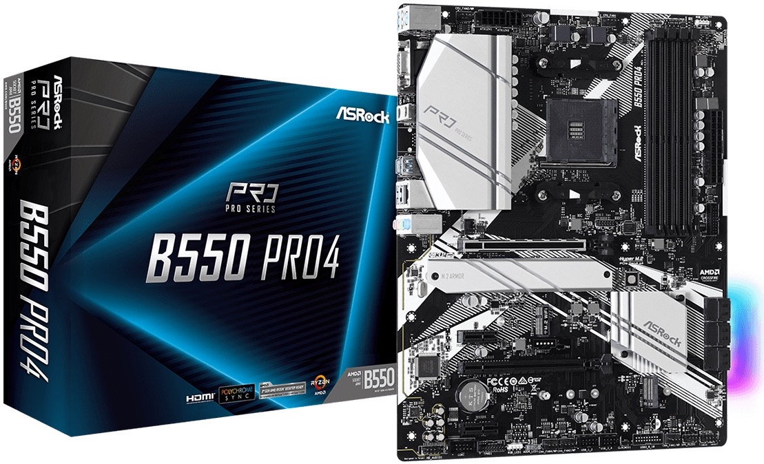 

Материнская плата ATX ASRock B550 PRO4 (AM4, AMD B550, 4*DDR4(4733+), 6*SATA 6G RAID, 2*M.2, 4*PCIE, 7.1CH, Glan, 7*USB 3.2/USB Type-C, HDMI/D-Sub), B550 PRO4