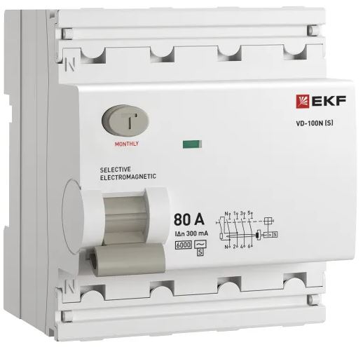 

УЗО EKF E1046MS80300 ВДТ ВД-100N (S) 4P 80А 300мА AC эл-мех 6кА PROXIMA, E1046MS80300