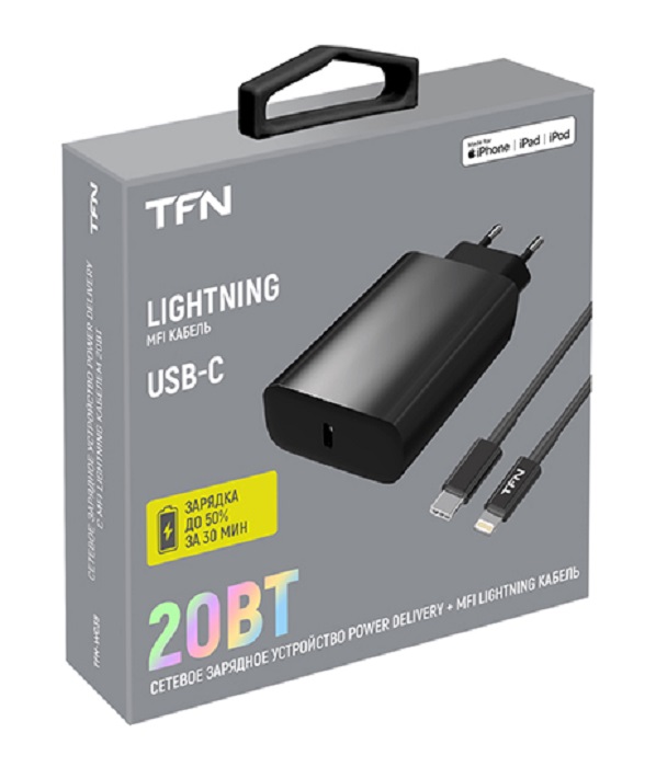 

Зарядное устройство сетевое TFN TFN-WC35 Type-C PD 20W+кабель MFI 8pin черный, TFN-WC35