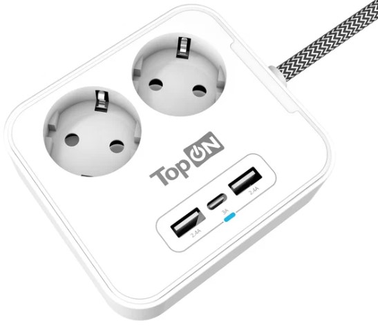 

Сетевой фильтр TopOn TOP-PWS2 2 розетки с 2 USB-A и USB-C, 4000W, 1.5м, белый, TOP-PWS2