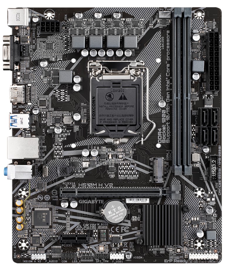

Материнская плата mATX GIGABYTE H510M H V2 (LGA1200, H470, 2*DDR$ (3200), 4*SATA 6G RAID, M.2, 2*PCIE, Glan, HDMI, D-Sub, 2*USB 3.2, 4*USB 2.0), H510M H V2