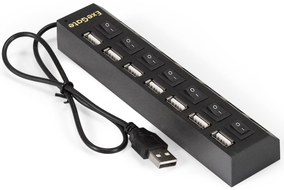 

Концентратор Exegate EX293978RUS 7-в-1 (кабель-адаптер USB2.0 --> 7xUSB2.0, кнопки включения/отключения для каждого порта, Plug&Play, черный), EX293978RUS