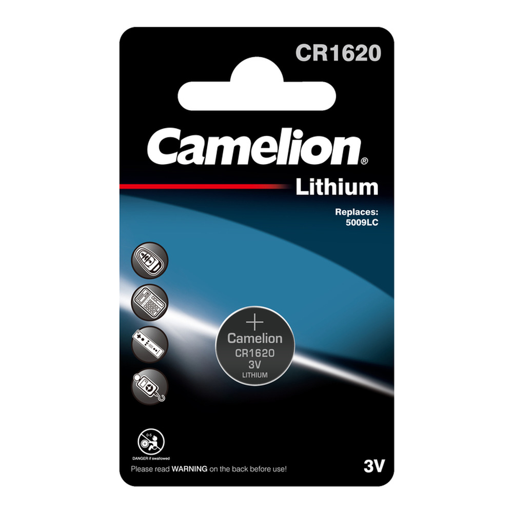 

Батарейка Camelion CR1620-BP1 CR1620, 3 В, 90 мА.ч, 1 шт в упаковке, CR1620-BP1