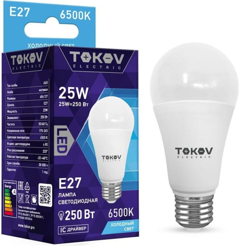 

Лампа светодиодная TOKOV ELECTRIC TKE-A60-E27-25-6.5K 25Вт А60 6500К Е27 176-264В, TKE-A60-E27-25-6.5K