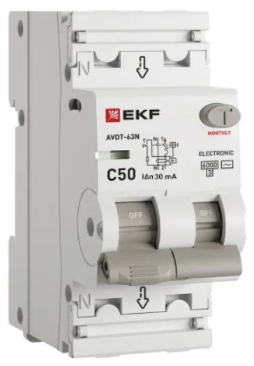 

Автомат дифференциальный EKF D63N26E50C30 АВДТ-63N 1P+N 50А (C) 30мА (AC) эл 6кА PROXIMA, D63N26E50C30