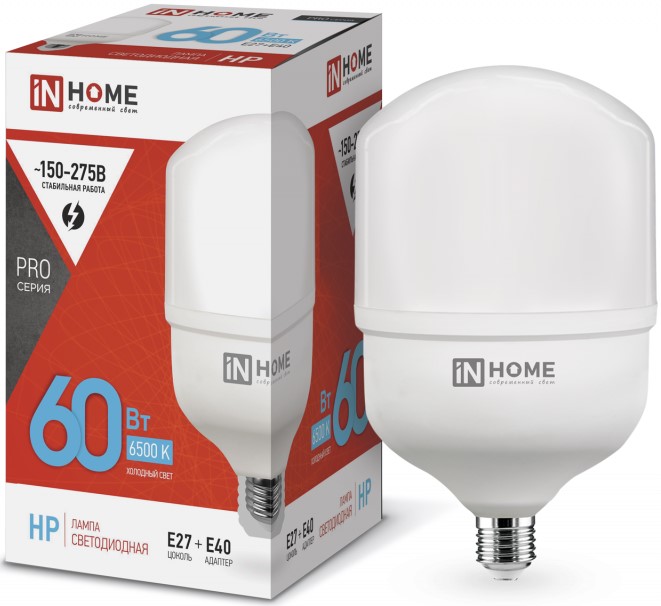 

Лампа светодиодная IN HOME 4690612031132 высокомощная LED-HP-PRO 60Вт цилиндр 6500К холодный, белый E27 5700лм 230В с адаптером, 4690612031132